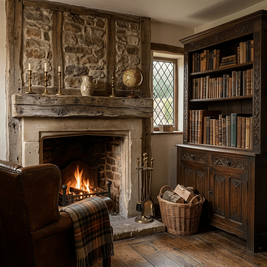 Rustic room with lit stone fireplace, leather armchair with plaid blanket, wooden bookshelf filled with old books, and basket of firewood
