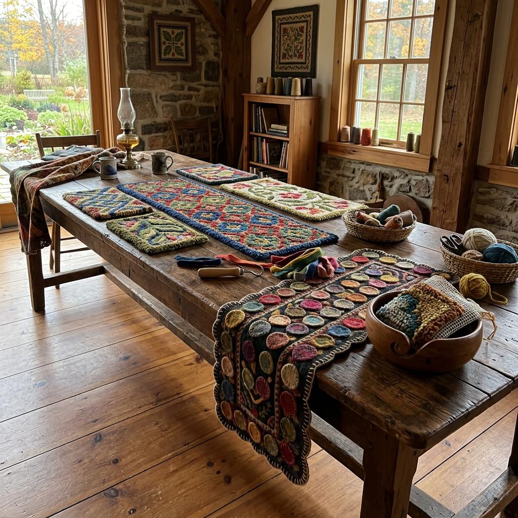 Wooden table with handmade hooked rugs, yarn baskets, and crafting tools in a rustic room