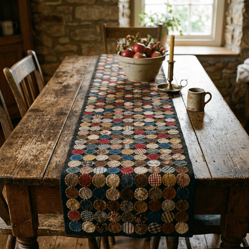 Rustic wooden table with colorful circular quilted runner, ceramic mug, brass candleholder with candle, and a bowl of red apples