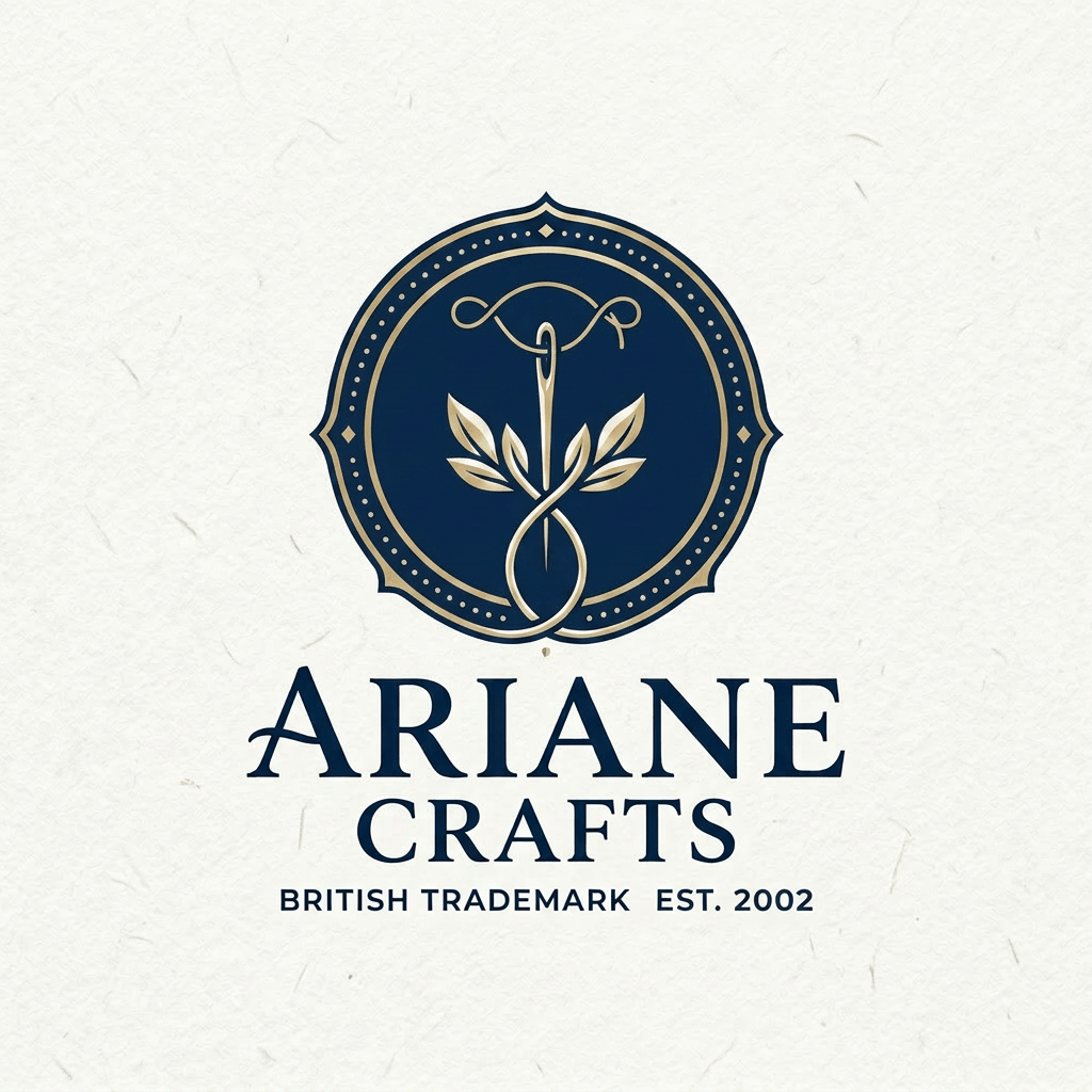 Ariane Crafts logo with British flag background, needle and leaves emblem, crown, and text 'British Trademark Est. 2023'