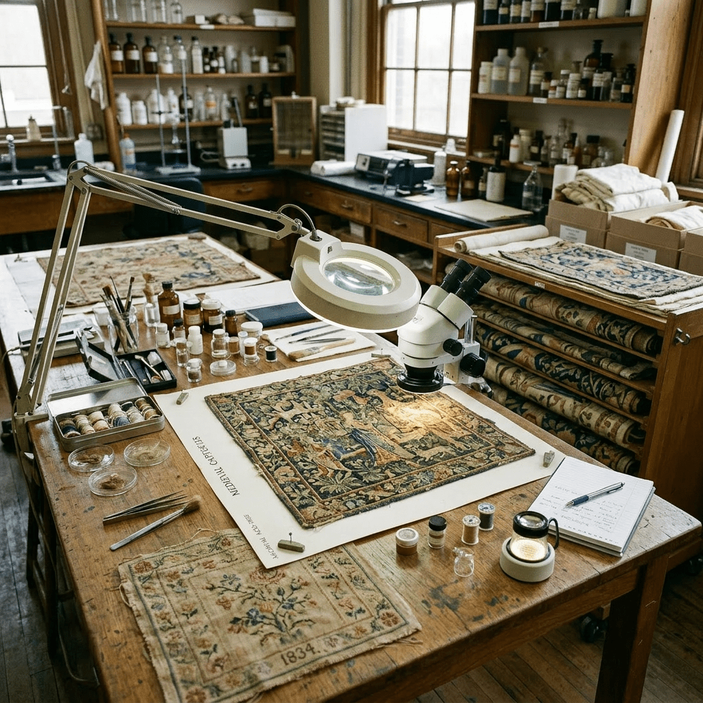Conservator using microscope to examine medieval carpet textile in lab