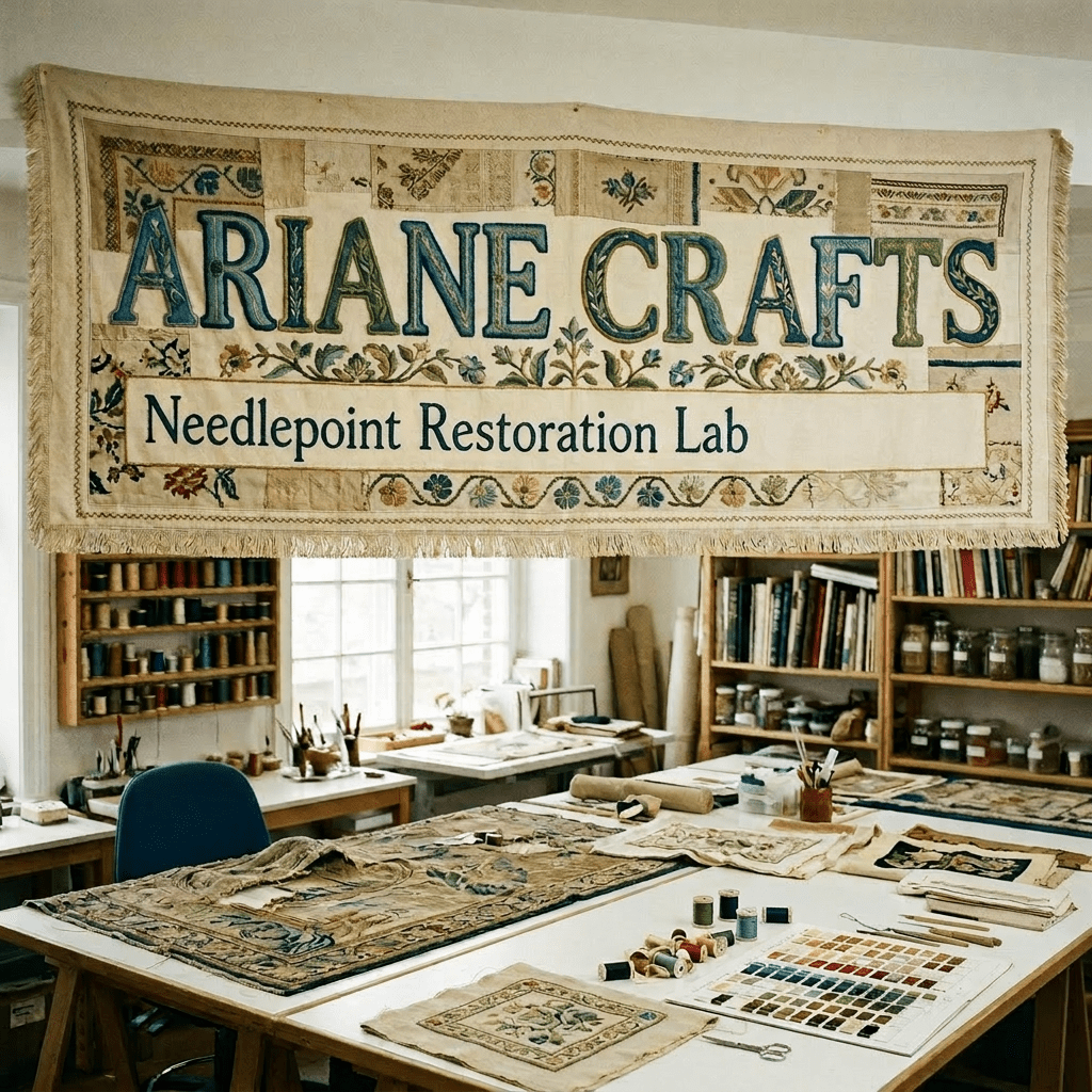 Two people working on needlepoint restoration in a craft studio